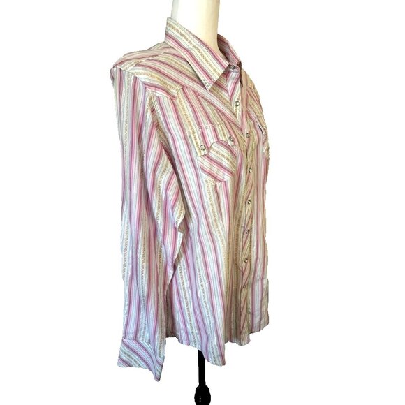 ARIAT Womens Western Shirt Size Large Pink Metallic Striped Rhinestone Snaps - Picture 4 of 9